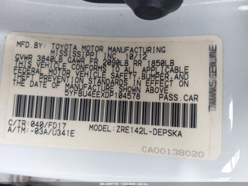 2013 Toyota Corolla S VIN: 5YFBU4EEXDP104578 Lot: 43991720