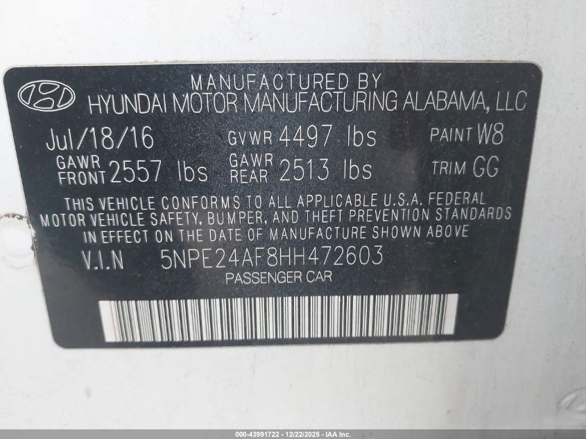 2017 Hyundai Sonata VIN: 5NPE24AF8HH472603 Lot: 43991722