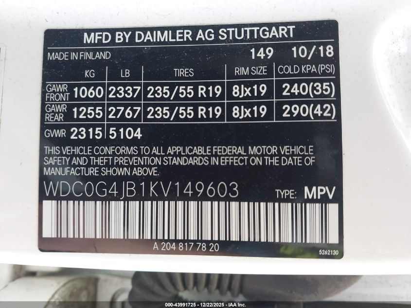 2019 Mercedes-Benz Glc 300 VIN: WDC0G4JB1KV149603 Lot: 43991725