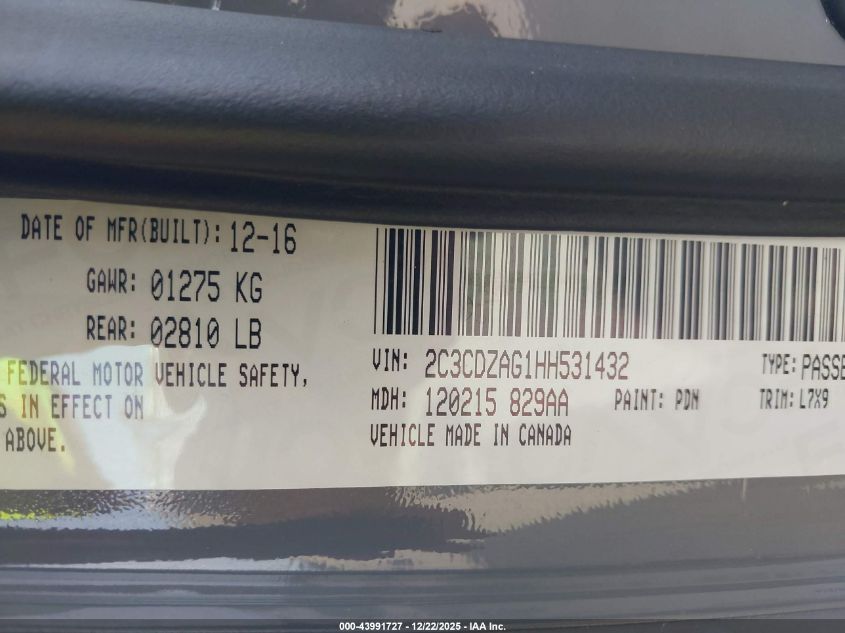 2017 Dodge Challenger Sxt VIN: 2C3CDZAG1HH531432 Lot: 43991727