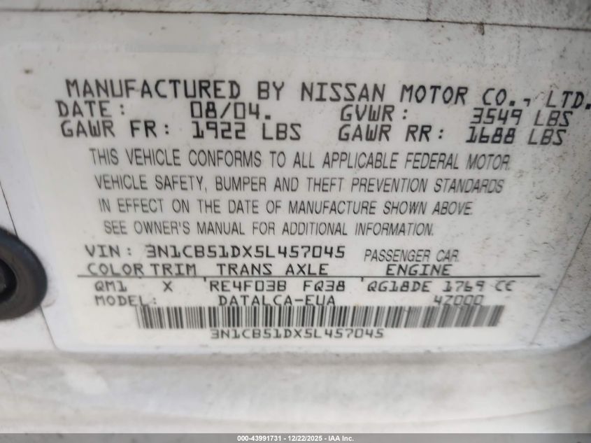 2005 Nissan Sentra 1.8 VIN: 3N1CB51DX5L457045 Lot: 43991731