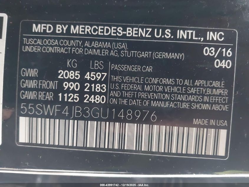 2016 Mercedes-Benz C 300 VIN: 55SWF4JB3GU148976 Lot: 43991742