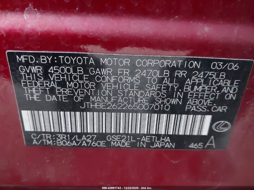 2006 Lexus Is 350 VIN: JTHBE262265007010 Lot: 43991743