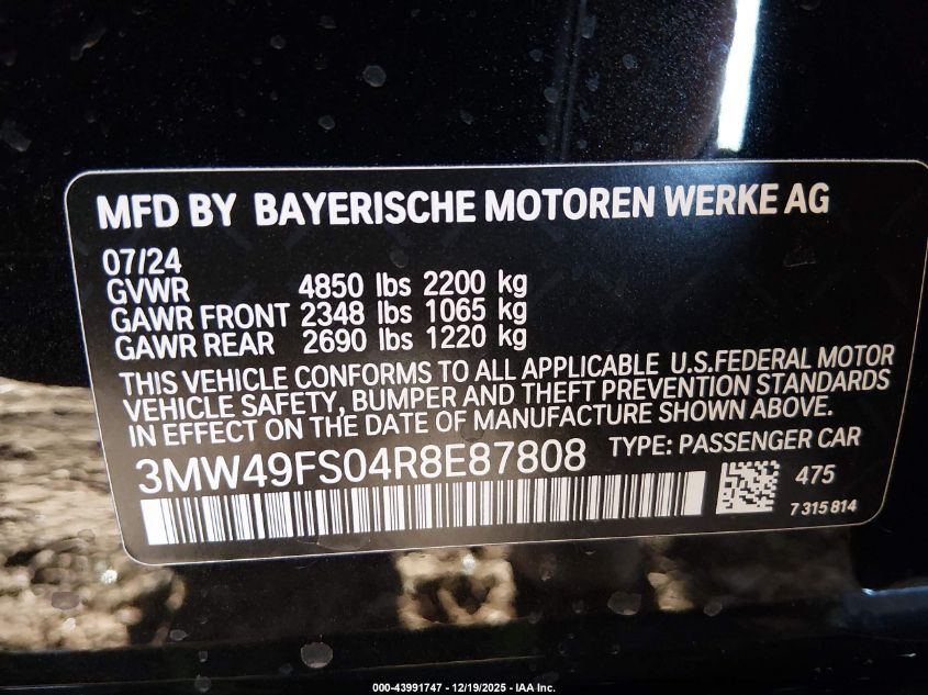 2024 BMW M340I VIN: 3MW49FS04R8E87808 Lot: 43991747