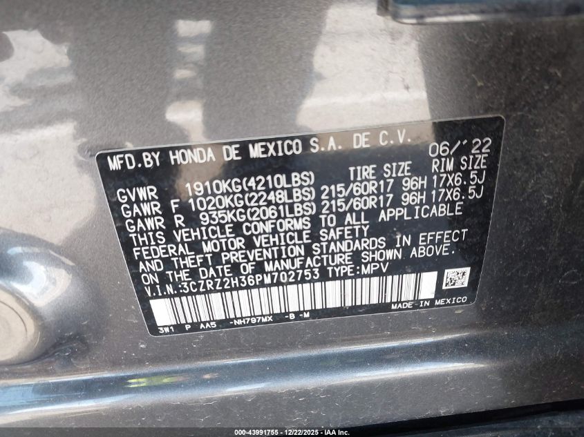 2023 Honda Hr-V Awd Lx VIN: 3CZRZ2H36PM702753 Lot: 43991755