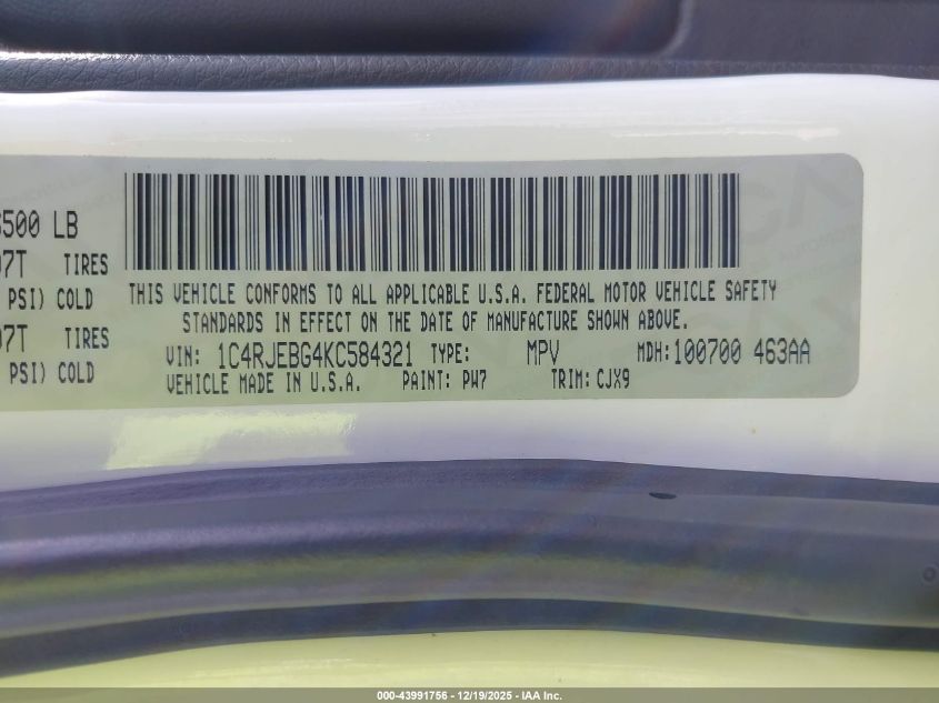 2019 Jeep Grand Cherokee Limited 4X2 VIN: 1C4RJEBG4KC584321 Lot: 43991756
