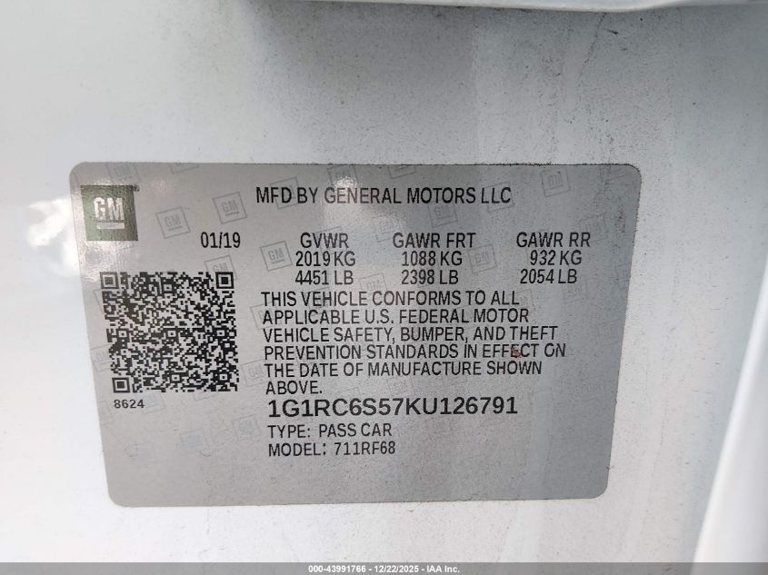 2019 Chevrolet Volt Lt VIN: 1G1RC6S57KU126791 Lot: 43991766