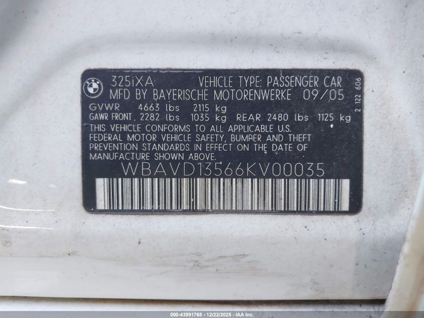 2006 BMW 325Xi VIN: WBAVD13566KV00035 Lot: 43991768