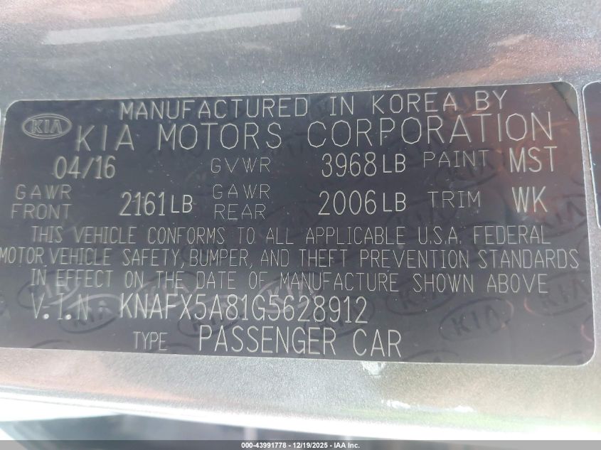 2016 Kia Forte Ex VIN: KNAFX5A81G5628912 Lot: 43991778
