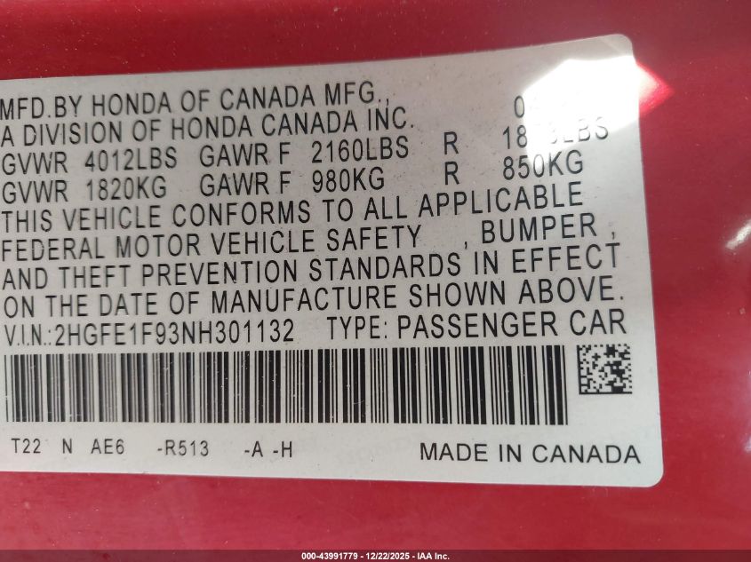 2022 Honda Civic Touring VIN: 2HGFE1F93NH301132 Lot: 43991779