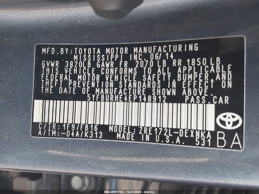 2014 Toyota Corolla Le VIN: 5YFBURHE4EP148912 Lot: 43991784