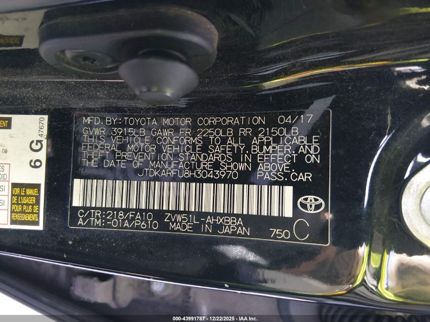 2017 Toyota Prius Two Eco VIN: JTDKARFU8H3043970 Lot: 43991787