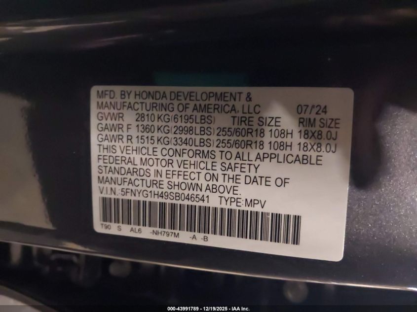 2025 Honda Pilot Ex-L VIN: 5FNYG1H49SB046541 Lot: 43991789