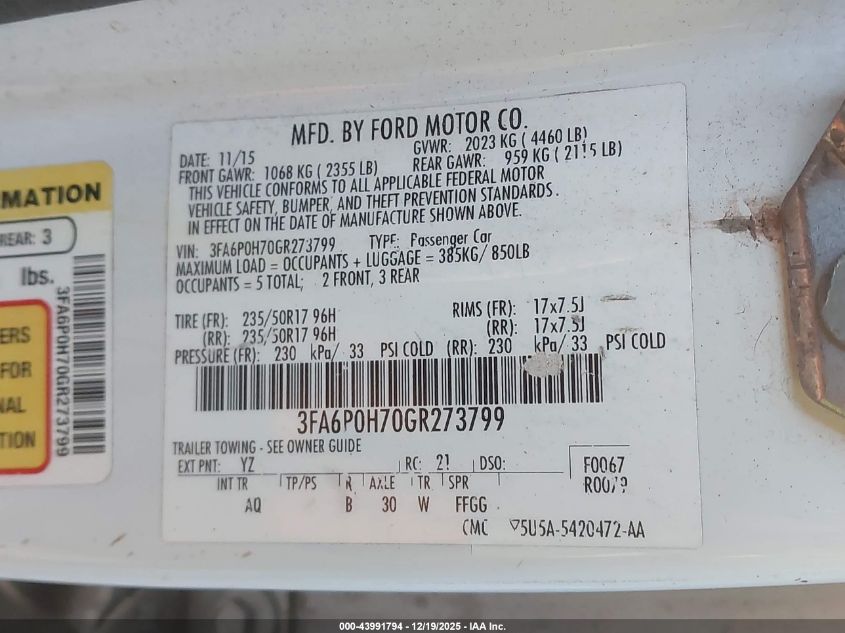 2016 Ford Fusion Se VIN: 3FA6P0H70GR273799 Lot: 43991794