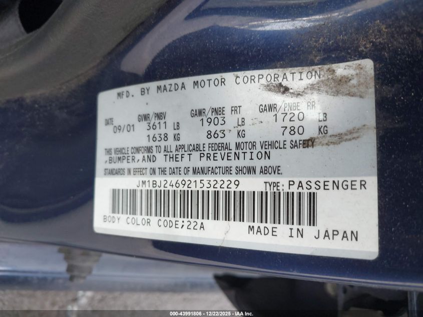 2002 Mazda Protege5 VIN: JM1BJ246921532229 Lot: 43991806