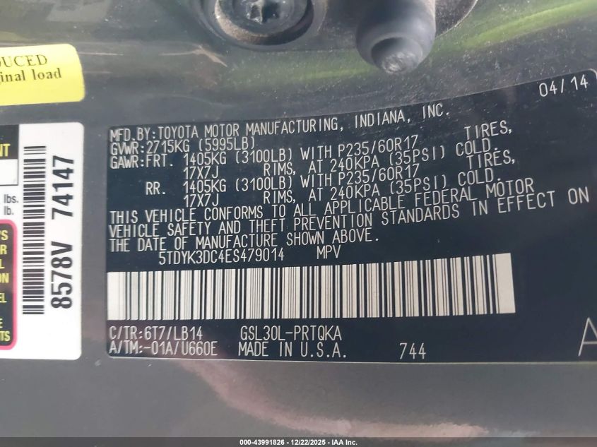 2014 Toyota Sienna Xle V6 8 Passenger VIN: 5TDYK3DC4ES479014 Lot: 43991826