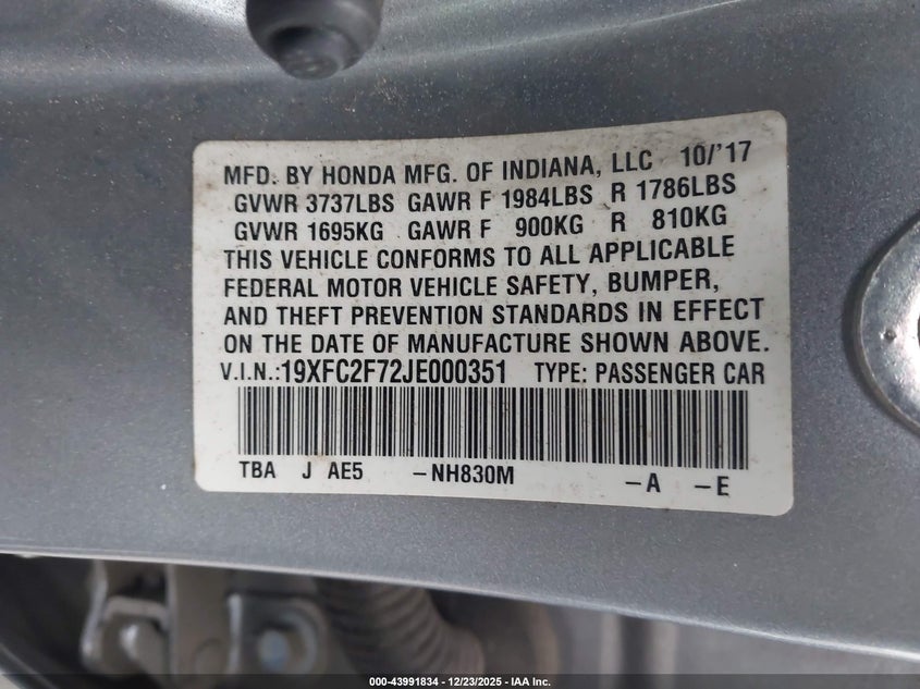 VIN 19XFC2F72JE000351 2018 HONDA CIVIC EX