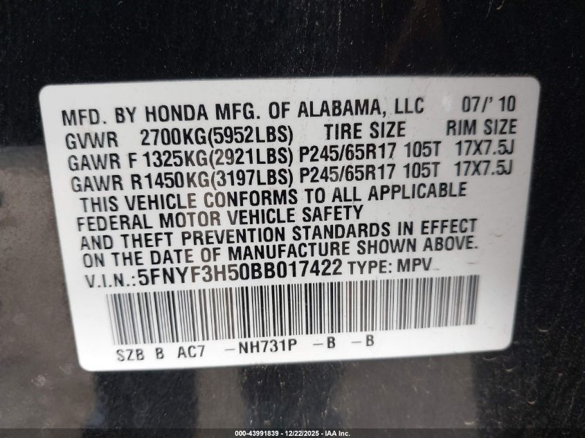 2011 Honda Pilot Ex-L VIN: 5FNYF3H50BB017422 Lot: 43991839