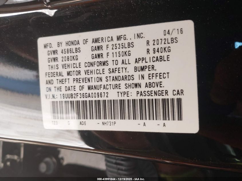 2016 Acura Tlx V6 VIN: 19UUB2F36GA009672 Lot: 43991844