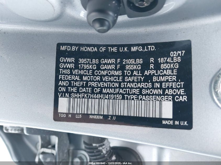 2017 Honda Civic Sport VIN: SHHFK7H44HU419159 Lot: 43991843