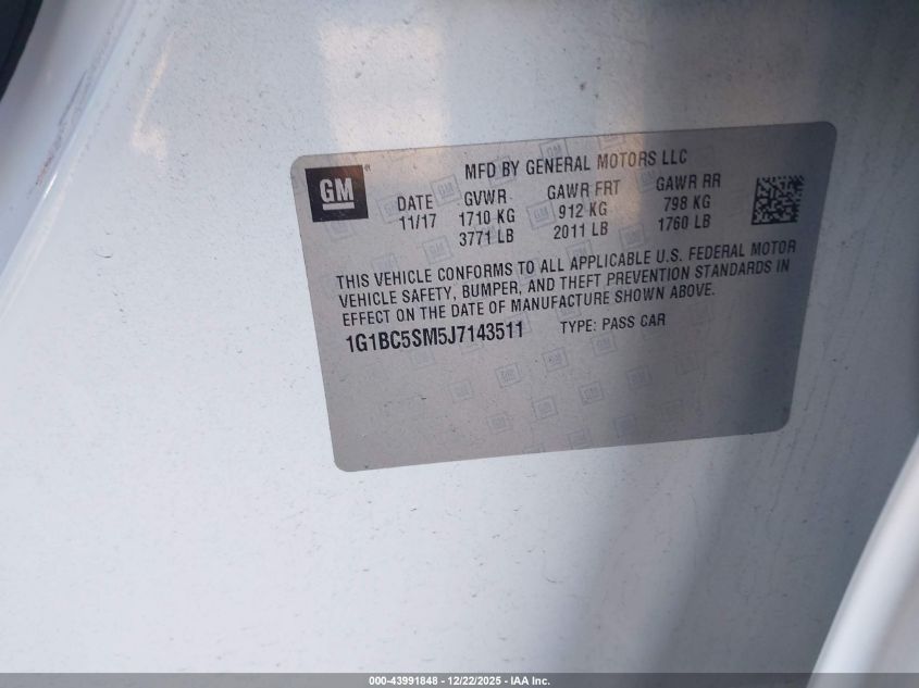 2018 Chevrolet Cruze Ls Auto VIN: 1G1BC5SM5J7143511 Lot: 43991848