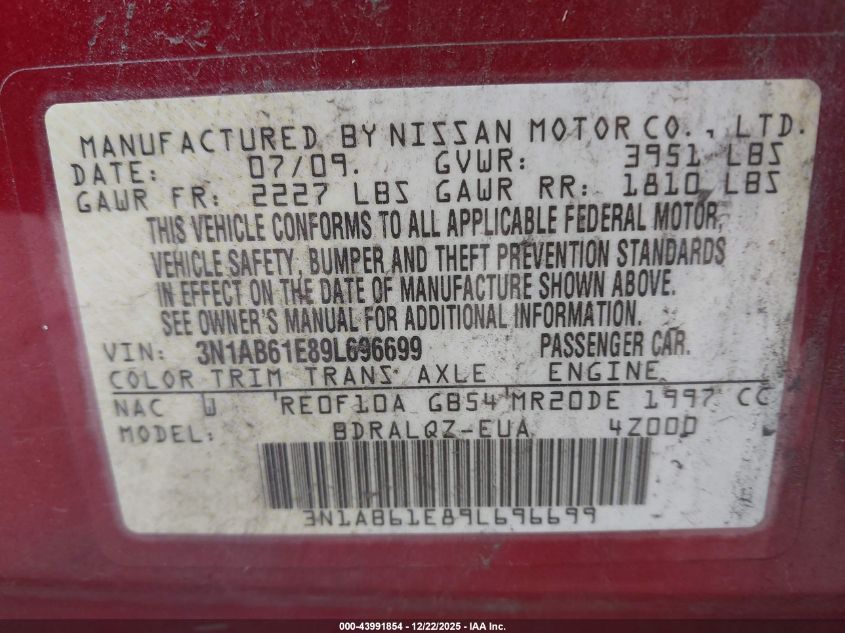 2009 Nissan Sentra 2.0 VIN: 3N1AB61E89L696699 Lot: 43991854
