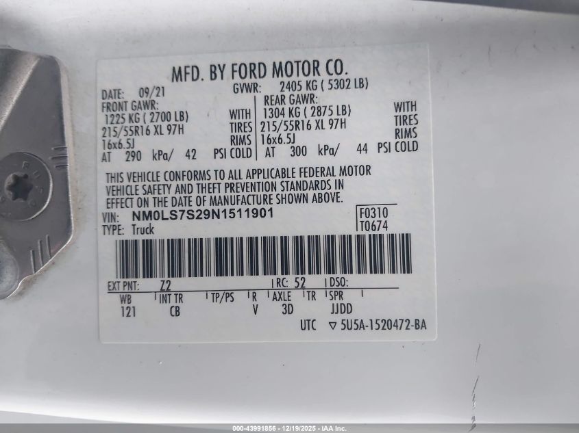 2022 Ford Transit Connect Xl VIN: NM0LS7S29N1511901 Lot: 43991856