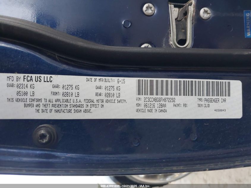 2015 Chrysler 300 300S VIN: 2C3CCABG6FH872292 Lot: 43991859