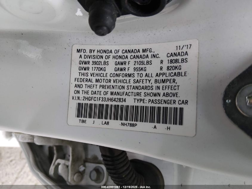 2018 Honda Civic Ex-T VIN: 2HGFC1F33JH642834 Lot: 43991861