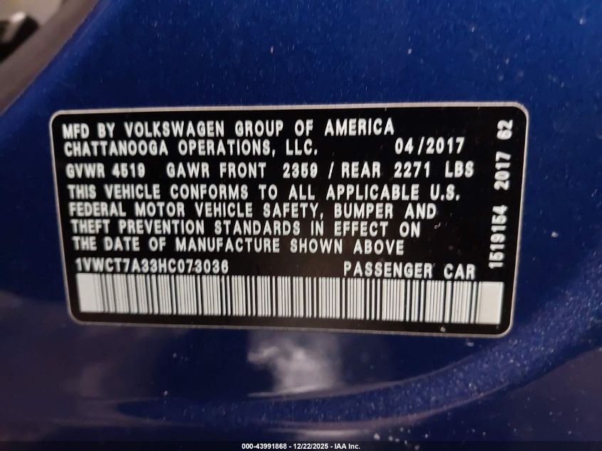 2017 Volkswagen Passat 1.8T Sel Premium VIN: 1VWCT7A33HC073036 Lot: 43991868