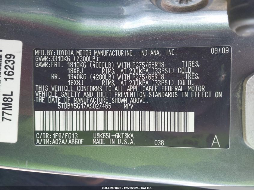 2010 Toyota Sequoia Sr5 5.7L V8 VIN: 5TDBY5G17AS027465 Lot: 43991872