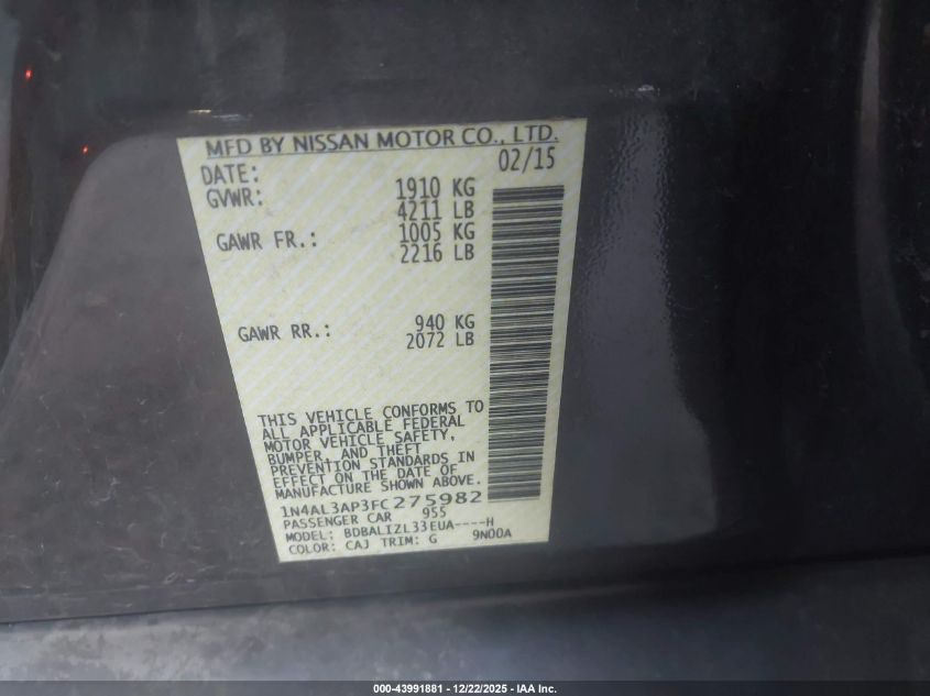 2015 Nissan Altima 2.5 Sv VIN: 1N4AL3AP3FC275982 Lot: 43991881