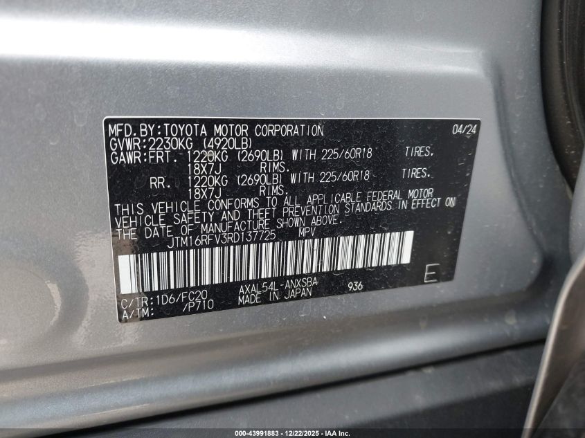 2024 Toyota Rav4 Hybrid Se VIN: JTM16RFV3RD137725 Lot: 43991883