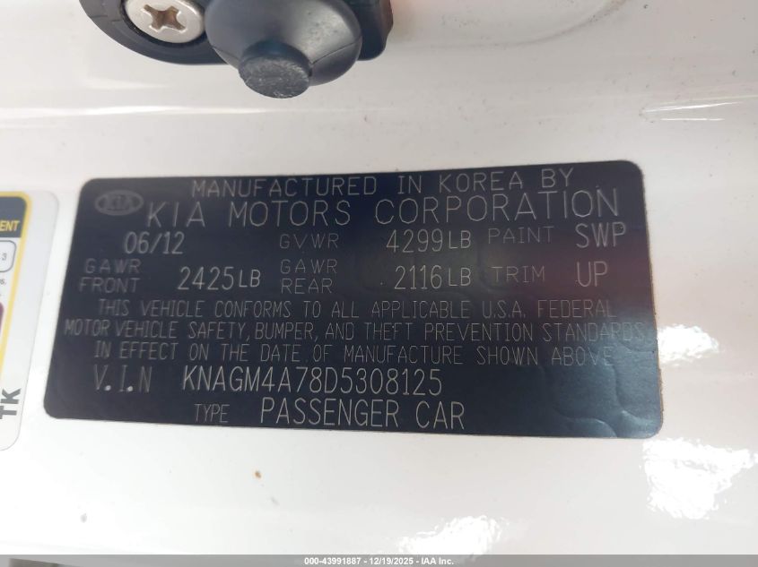 2013 Kia Optima Lx VIN: KNAGM4A78D5308125 Lot: 43991887