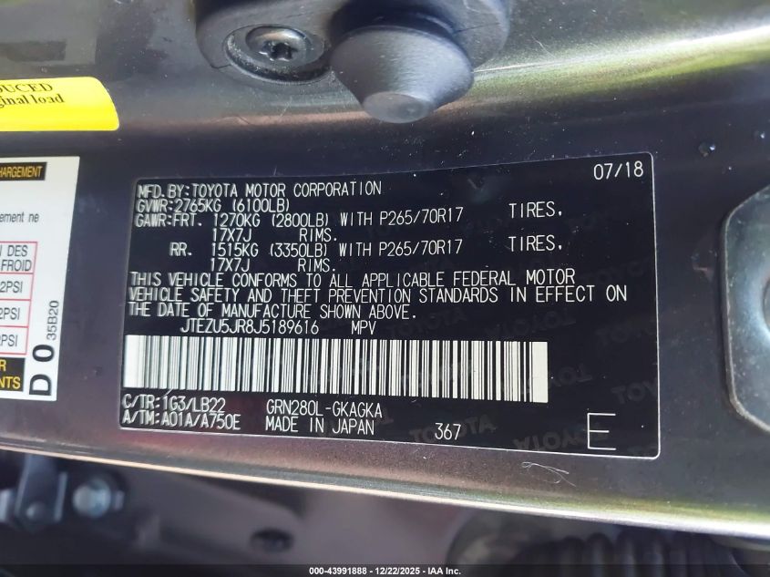 2018 Toyota 4Runner Sr5 Premium VIN: JTEZU5JR8J5189616 Lot: 43991888