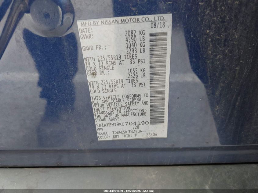2019 Nissan Rogue Sl VIN: 5N1AT2MT9KC704190 Lot: 43991889