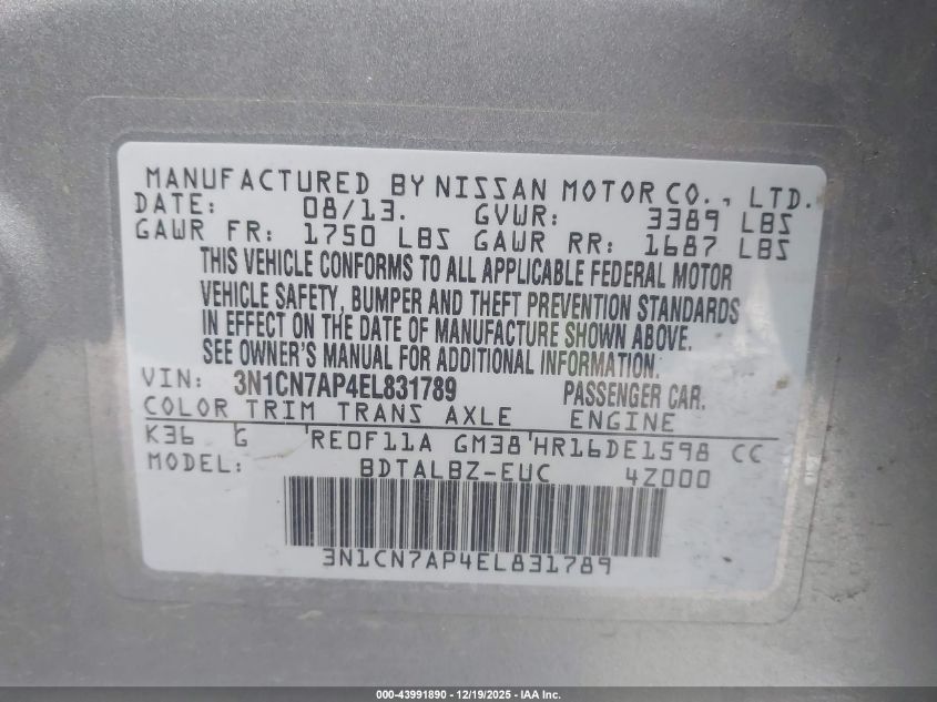 2014 Nissan Versa 1.6 Sv VIN: 3N1CN7AP4EL831789 Lot: 43991890