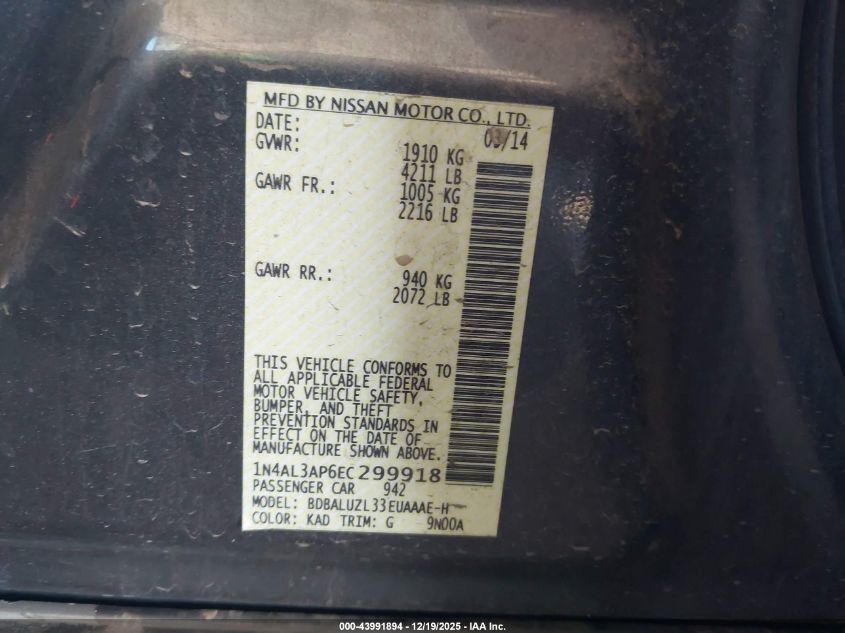 2014 Nissan Altima 2.5 Sv VIN: 1N4AL3AP6EC299918 Lot: 43991894