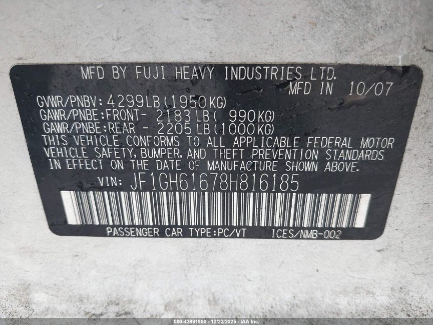2008 Subaru Impreza 2.5I VIN: JF1GH61678H816185 Lot: 43991900