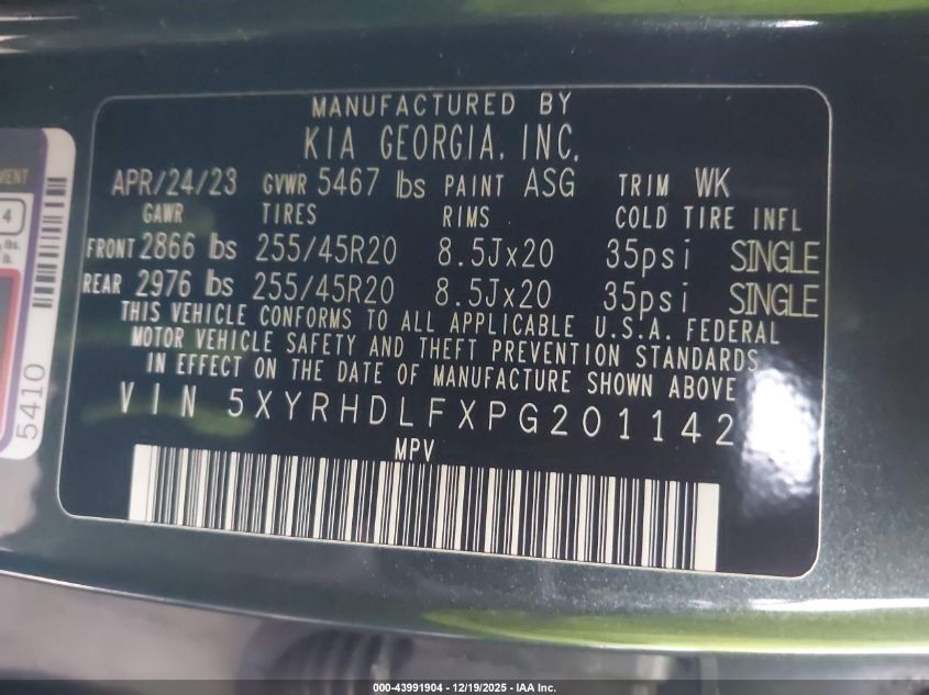 2023 Kia Sorento X-Line Ex VIN: 5XYRHDLFXPG201142 Lot: 43991904