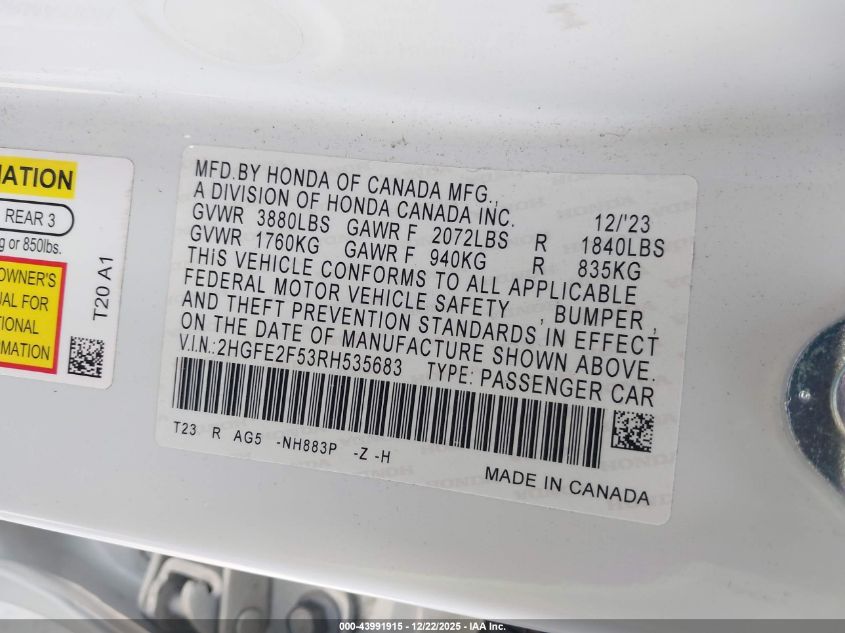 2024 Honda Civic Sport VIN: 2HGFE2F53RH535683 Lot: 43991915