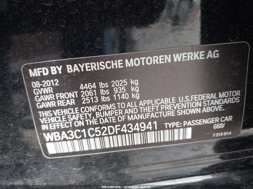 2013 BMW 328I VIN: WBA3C1C52DF434941 Lot: 43991916