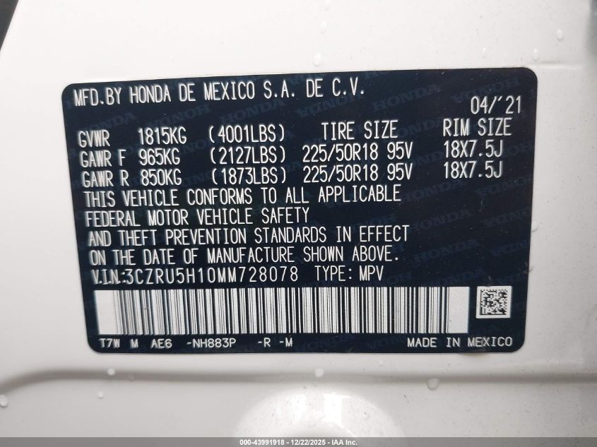 2021 Honda Hr-V 2Wd Sport VIN: 3CZRU5H10MM728078 Lot: 43991918