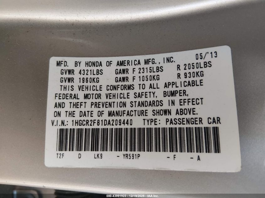 2013 Honda Accord Ex-L VIN: 1HGCR2F81DA209440 Lot: 43991923