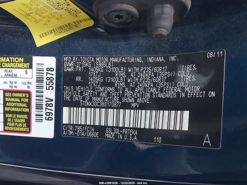 2011 Toyota Sienna Le V6 VIN: 5TDKK3DC3BS170877 Lot: 43991926