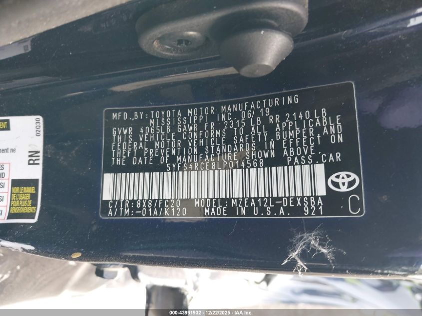 2020 Toyota Corolla Se VIN: 5YFS4RCE8LP014568 Lot: 43991932