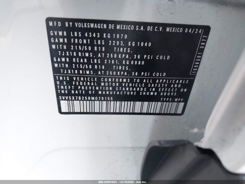 2024 Volkswagen Taos 1.5T Se VIN: 3VVSX7B25RM079155 Lot: 43991943