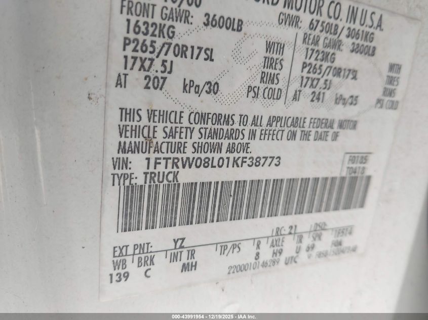 2001 Ford F-150 King Ranch Edition/Lariat/Xlt VIN: 1FTRW08L01KF38773 Lot: 43991954