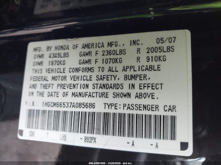 2007 Honda Accord 3.0 Ex VIN: 1HGCM66537A085686 Lot: 43991955