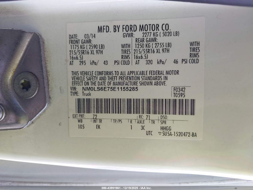 2014 Ford Transit Connect Xl VIN: NM0LS6E75E1155285 Lot: 43991961